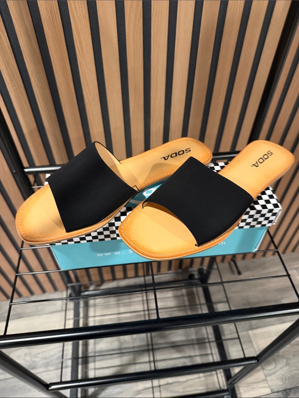 Soda Black Slide Mules with Tan Footbed